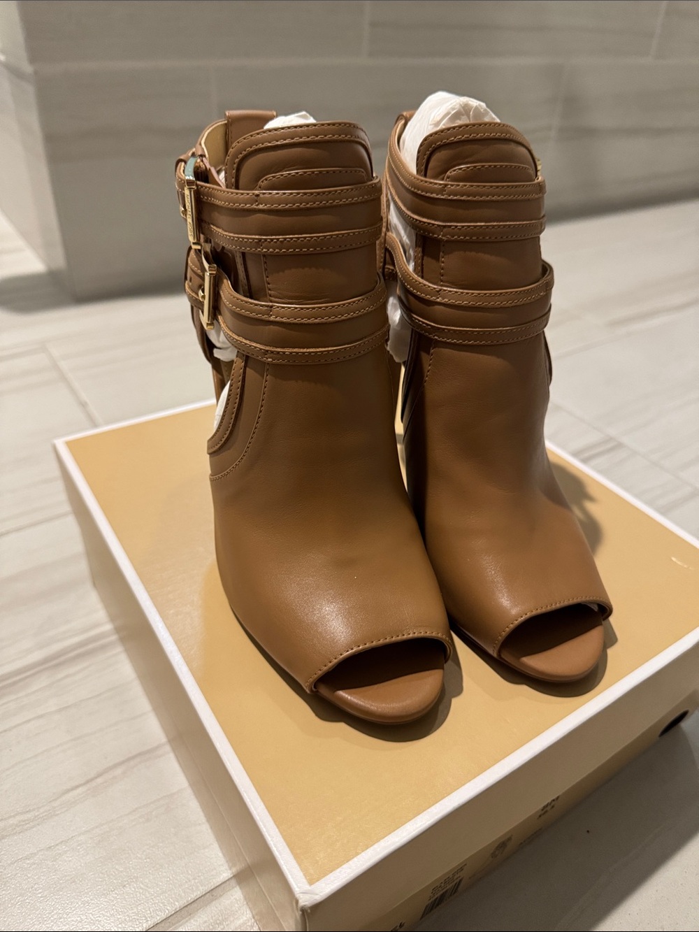 Michael Kors Blaze Open Tan Open-Toe Ankle Boot with Buckle Straps